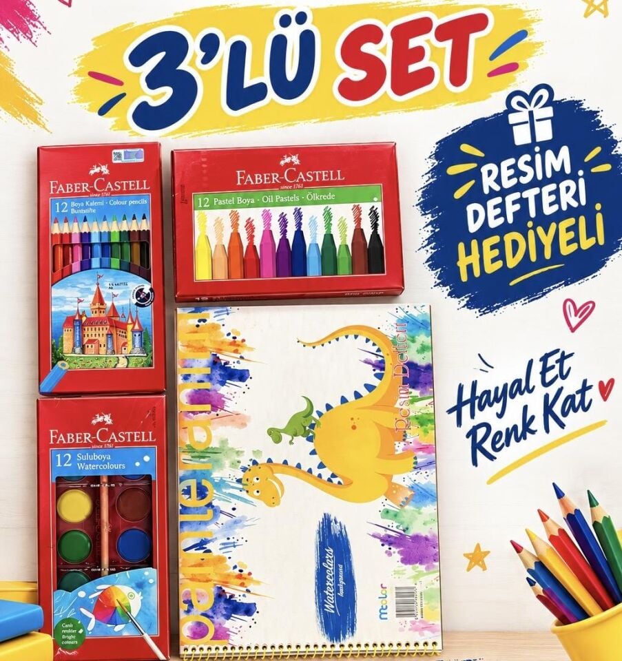 FABER-CASTELL OKUL BOYAMA 3 LÜ SET+ RESİM DEFTERİ HEDİYELİ